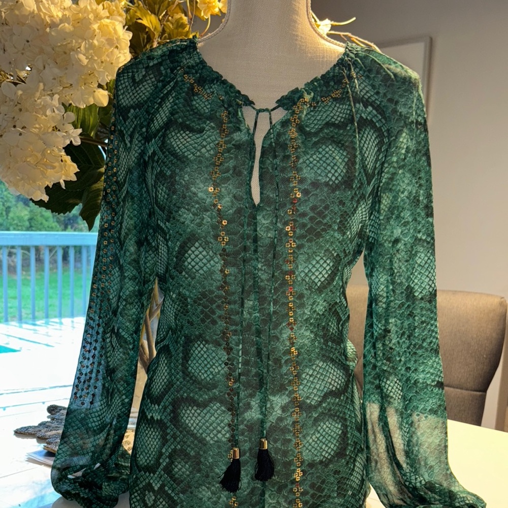Altuzarra Green Snake Print Blouse with Gold Accents